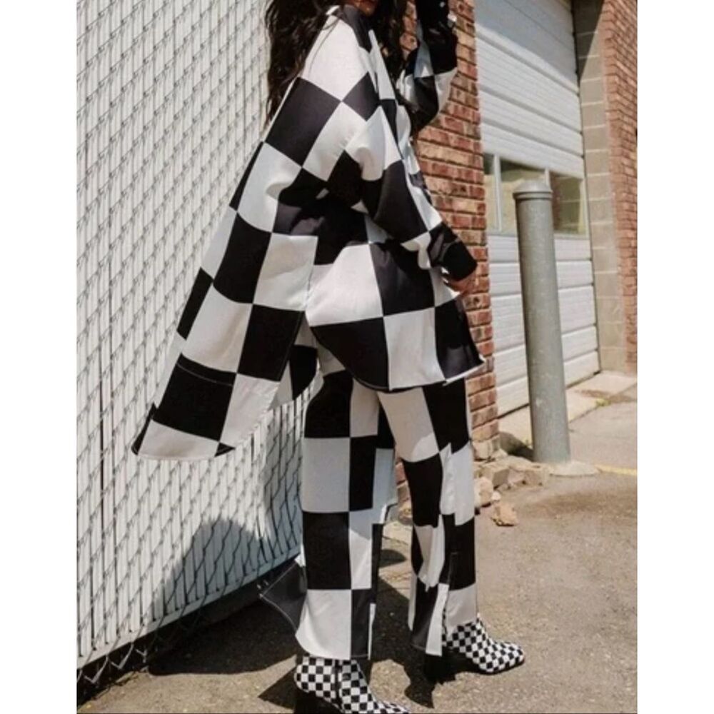 NWOT Dressed in LALA Ultra Checked Black & White Wide Leg Pants Women's Small